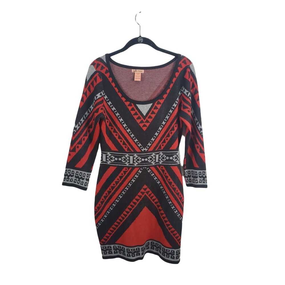 Flying Tomato Dress Medium Womens Long Sleeve Aztec Black Red Knee Length Crew N
